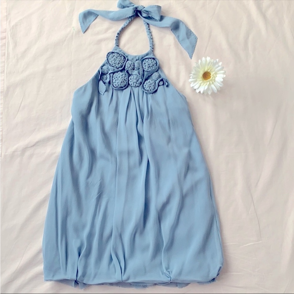 BCBGMaxazria muted blue dress, size 2, halter, high neck, silk 100%